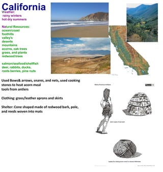 CaliforniaWeather: rainy wintershot dry summersNatural Resources:ocean/coastfoothillsvalley'sdesertsmountainsacorns, oak treesgrass, and plantsredwood treessalmon/seafood/shellfishdeer, rabbits, ducks, roots berries, pine nuts Used Bows& arrows, snares, and nets, used cooking stones to heat acorn meal tools from antlersClothing: grass/leather aprons and skirtsShelter: Cone shaped made of redwood bark, pole, and reeds woven into mats