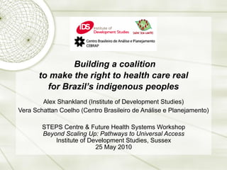 Building a coalition
       to make the right to health care real
         for Brazil’s indigenous peoples
        Alex Shankland (Institute of Development Studies)
Vera Schattan Coelho (Centro Brasileiro de Análise e Planejamento)

        STEPS Centre & Future Health Systems Workshop
        Beyond Scaling Up: Pathways to Universal Access
            Institute of Development Studies, Sussex
                           25 May 2010
 
