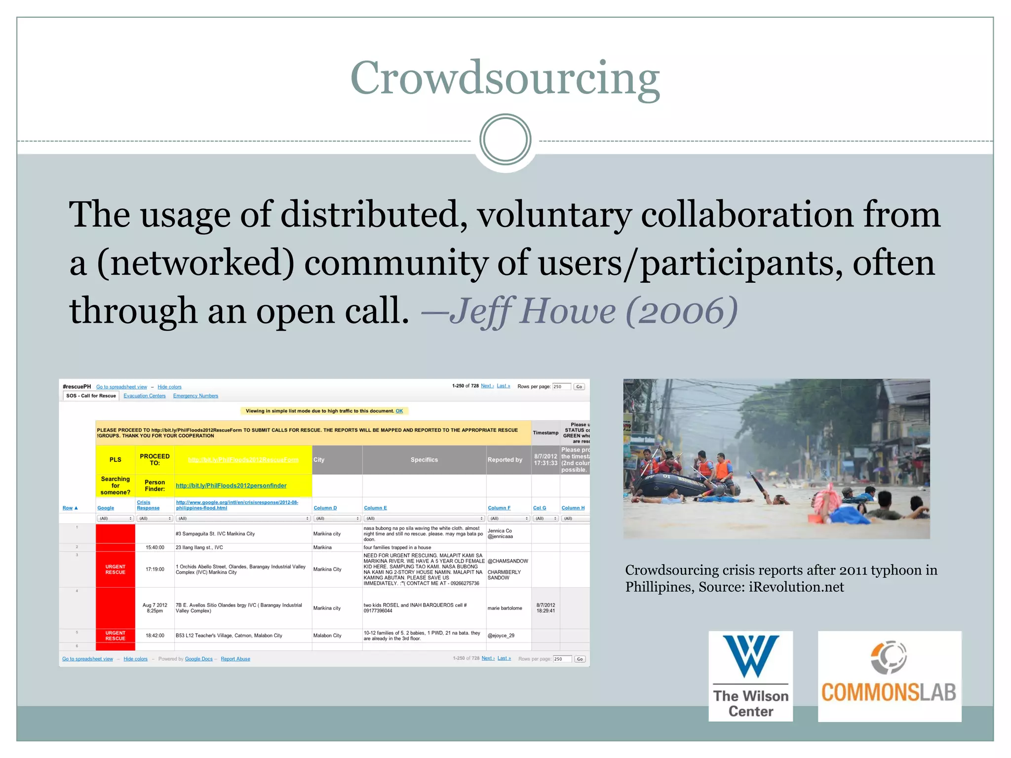 Crowdsourcing

The usage of distributed, voluntary collaboration from
a (networked) community of users/participants, often
through an open call. —Jeff Howe (2006)




                                  Crowdsourcing crisis reports after 2011 typhoon in
                                  Phillipines, Source: iRevolution.net
 