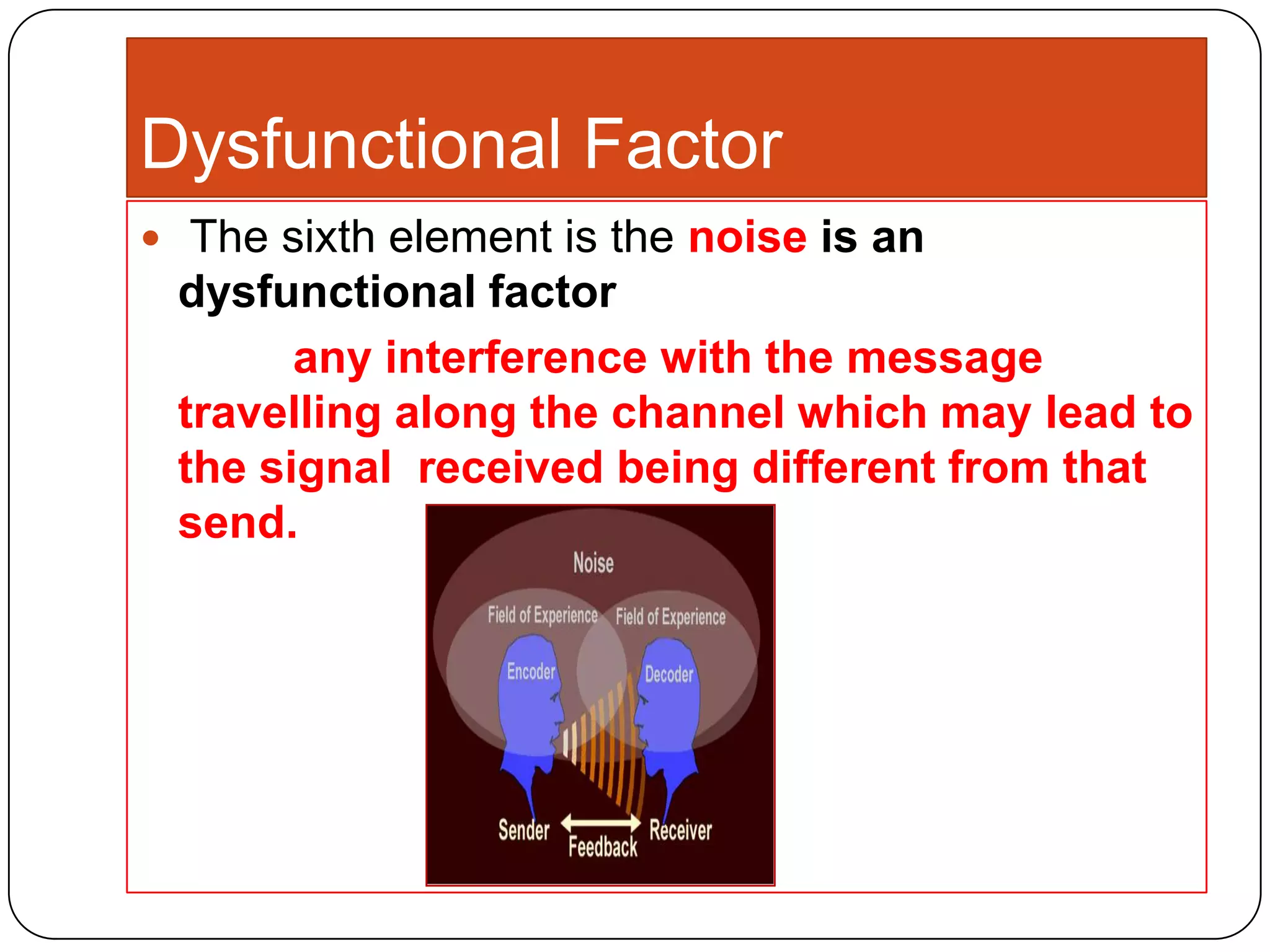 Dysfunctional Factor
 The sixth element is the noise is an

dysfunctional factor
any interference with the message
travelling along the channel which may lead to
the signal received being different from that
send.

 