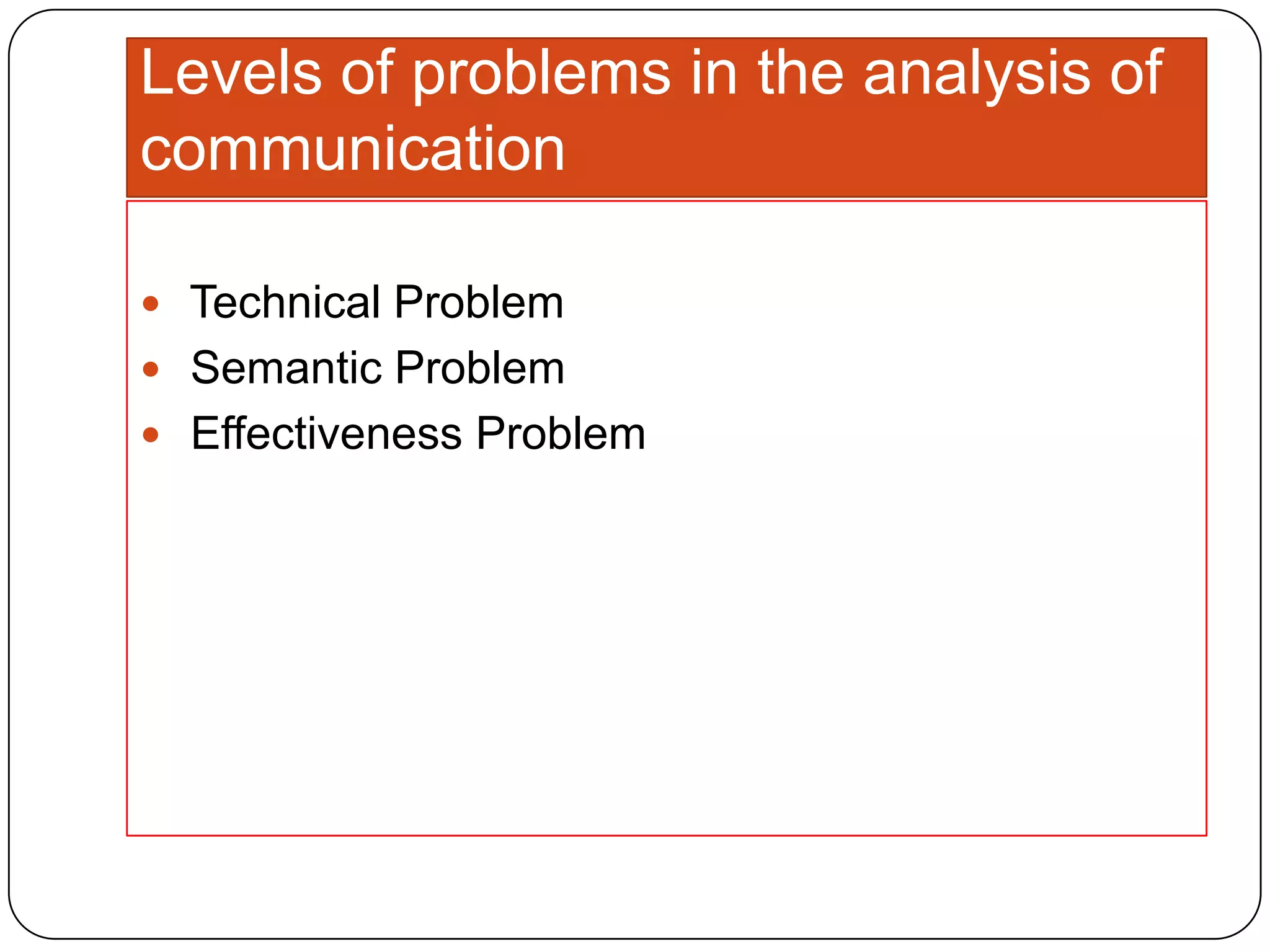 Levels of problems in the analysis of
communication
 Technical Problem
 Semantic Problem
 Effectiveness Problem

 