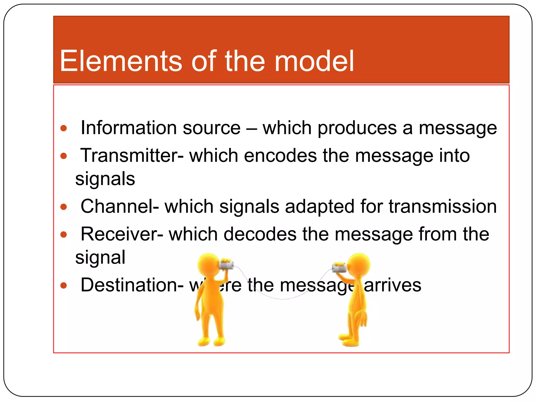 Elements of the model
 Information source – which produces a message
 Transmitter- which encodes the message into

signals
 Channel- which signals adapted for transmission
 Receiver- which decodes the message from the
signal
 Destination- where the message arrives

 