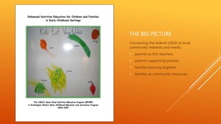 THE BIG PICTURE
Connecting the federal USDA to local
community interests and needs:
 parents as first teachers
 parents supporting parents
 families learning together
 families as community resources
 