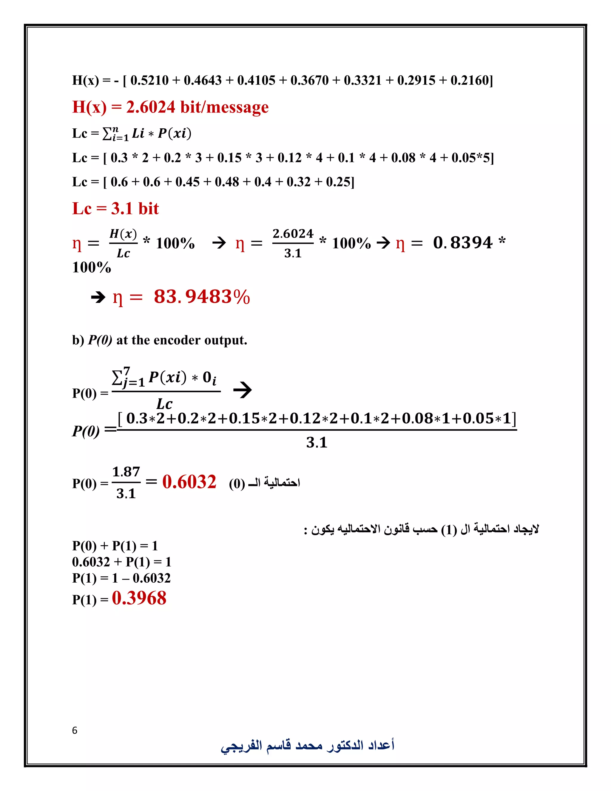 6
‫الفريجي‬ ‫قاسم‬ ‫محمد‬ ‫الدكتور‬ ‫أعداد‬
H(x) = - [ 0.5210 + 0.4643 + 0.4105 + 0.3670 + 0.3321 + 0.2915 + 0.2160]
H(x) = 2.6024 bit/message
Lc = ∑ 𝑳𝒊 ∗ 𝑷(𝒙𝒊)𝒏
𝒊=𝟏
Lc = [ 0.3 * 2 + 0.2 * 3 + 0.15 * 3 + 0.12 * 4 + 0.1 * 4 + 0.08 * 4 + 0.05*5]
Lc = [ 0.6 + 0.6 + 0.45 + 0.48 + 0.4 + 0.32 + 0.25]
Lc = 3.1 bit
ƞ =
𝑯(𝒙)
𝑳𝒄
* 100%  ƞ =
𝟐.𝟔𝟎𝟐𝟒
𝟑.𝟏
* 100%  ƞ = 𝟎. 𝟖𝟑𝟗𝟒 *
100%
 ƞ = 𝟖𝟑. 𝟗𝟒𝟖𝟑%
b) P(0) at the encoder output.
P(0) =
∑ 𝑷( 𝒙𝒊) ∗ 𝟎 𝒊
𝟕
𝒋=𝟏
𝑳𝒄

P(0) =
[ 𝟎.𝟑∗𝟐+𝟎.𝟐∗𝟐+𝟎.𝟏𝟓∗𝟐+𝟎.𝟏𝟐∗𝟐+𝟎.𝟏∗𝟐+𝟎.𝟎𝟖∗𝟏+𝟎.𝟎𝟓∗𝟏]
𝟑.𝟏
P(0) =
𝟏.𝟖𝟕
𝟑.𝟏
= 0.6032 ( ‫الــ‬ ‫احتمالية‬0)
( ‫ال‬ ‫احتمالية‬ ‫اليجاد‬1: ‫يكون‬ ‫االحتماليه‬ ‫قانون‬ ‫حسب‬ )
P(0) + P(1) = 1
0.6032 + P(1) = 1
P(1) = 1 – 0.6032
P(1) = 0.3968
 