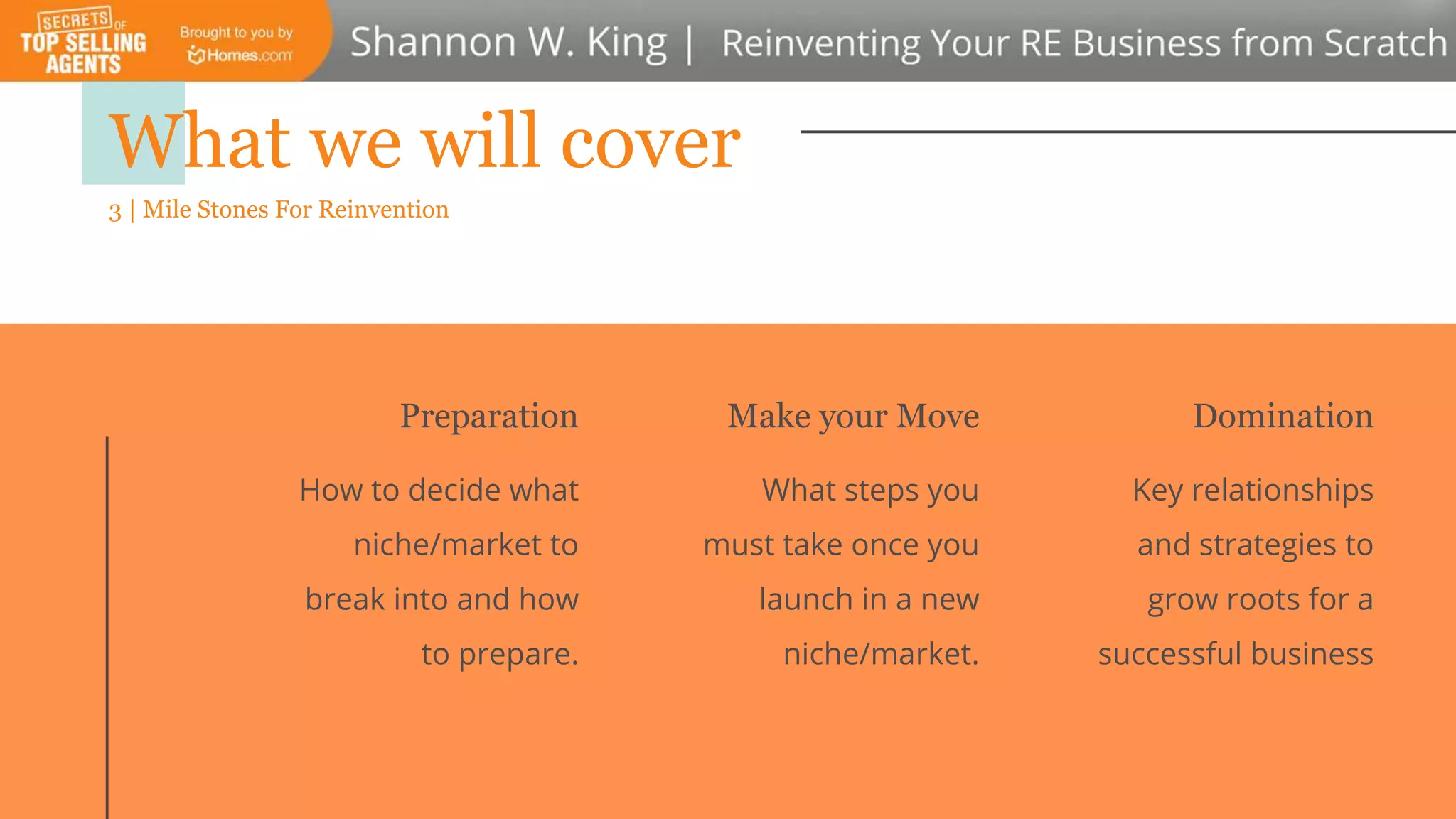 What we will cover
3 | Mile Stones For Reinvention
Preparation
How to decide what
niche/market to
break into and how
to prepare.
Make your Move
What steps you
must take once you
launch in a new
niche/market.
Domination
Key relationships
and strategies to
grow roots for a
successful business
 