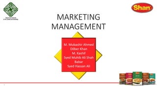 MARKETING
MANAGEMENT
1 1
M. Mubashir Ahmed
Dilber Khan
M. Kashif
Syed Muhib Ali Shah
Babar
Syed Hassan Ali
 