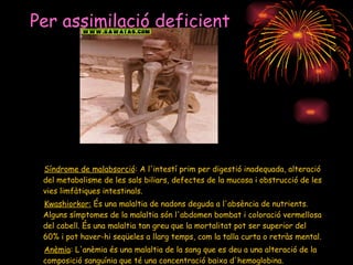 Per assimilació deficient Síndrome de malabsorció : A l'intestí prim per digestió inadequada, alteració del metabolisme de les sals biliars, defectes de la mucosa i obstrucció de les vies limfàtiques intestinals.  Kwashiorkor:  És una malaltia de nadons deguda a l'absència de nutrients. Alguns símptomes de la malaltia són l'abdomen bombat i coloració vermellosa del cabell. És una malaltia tan greu que la mortalitat pot ser superior del 60% i pot haver-hi seqüeles a llarg temps, com la talla curta o retràs mental.  Anèmia : L'anèmia és una malaltia de la sang que es deu a una alteració de la composició sanguínia que té una concentració baixa d'hemoglobina.  