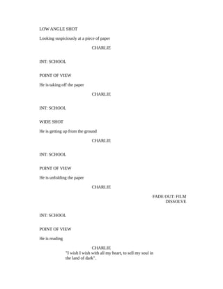 LOW ANGLE SHOT
Looking suspiciously at a piece of paper
CHARLIE
INT: SCHOOL
POINT OF VIEW
He is taking off the paper
CHARLIE
INT: SCHOOL
WIDE SHOT
He is getting up from the ground
CHARLIE
INT: SCHOOL
POINT OF VIEW
He is unfolding the paper
CHARLIE
FADE OUT: FILM
DISSOLVE
INT: SCHOOL
POINT OF VIEW
He is reading
CHARLIE
"I wish I wish with all my heart, to sell my soul in
the land of dark".
 