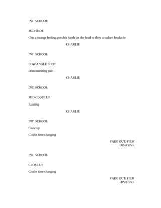 INT: SCHOOL
MID SHOT
Gets a strange feeling, puts his hands on the head to show a sudden headache
CHARLIE
INT: SCHOOL
LOW ANGLE SHOT
Demonstrating pain
CHARLIE
INT: SCHOOL
MID CLOSE UP
Fainting
CHARLIE
INT: SCHOOL
Close up
Clocks time changing
FADE OUT: FILM
DISSOLVE
INT: SCHOOL
CLOSE UP
Clocks time changing
FADE OUT: FILM
DISSOLVE
 