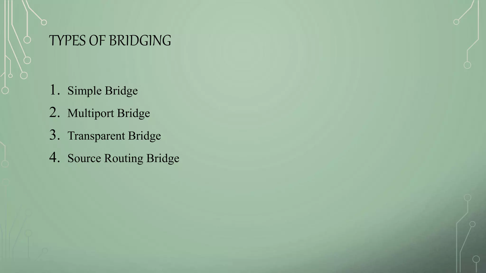 TYPES OF BRIDGING
1. Simple Bridge
2. Multiport Bridge
3. Transparent Bridge
4. Source Routing Bridge
 