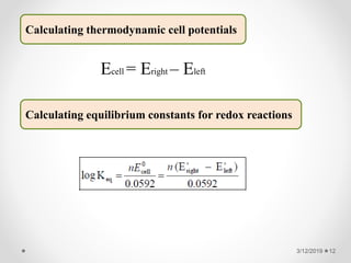 3/12/2019 12
Calculating thermodynamic cell potentials
Ecell = Eright – Eleft
Calculating equilibrium constants for redox reactions
 