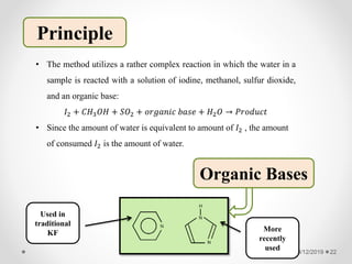 Principle
• The method utilizes a rather complex reaction in which the water in a
sample is reacted with a solution of iodine, methanol, sulfur dioxide,
and an organic base:
𝐼2 + 𝐶𝐻3 𝑂𝐻 + 𝑆𝑂2 + 𝑜𝑟𝑔𝑎𝑛𝑖𝑐 𝑏𝑎𝑠𝑒 + 𝐻2 𝑂 → 𝑃𝑟𝑜𝑑𝑢𝑐𝑡
• Since the amount of water is equivalent to amount of 𝐼2 , the amount
of consumed 𝐼2 is the amount of water.
Organic Bases
3/12/2019 22
Used in
traditional
KF More
recently
used
 