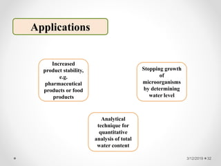 Applications
Increased
product stability,
e.g.
pharmaceutical
products or food
products
Stopping growth
of
microorganisms
by determining
water level
Analytical
technique for
quantitative
analysis of total
water content
3/12/2019 32
 