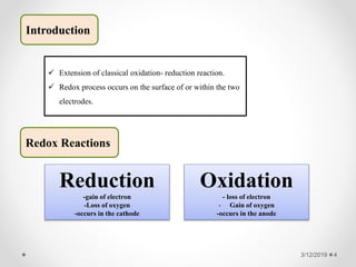 3/12/2019 4
Introduction
 Extension of classical oxidation- reduction reaction.
 Redox process occurs on the surface of or within the two
electrodes.
Reduction
-gain of electron
-Loss of oxygen
-occurs in the cathode
Oxidation
- loss of electron
- Gain of oxygen
-occurs in the anode
Redox Reactions
 