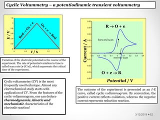 3/12/2019 52
Cyclic Voltammetry – a potentiodinamic transient voltammetry
Cyclic voltammetry (CV) is the most
frequently used technique. Almost any
electrochemical study starts with
application of CV. From the features of the
cyclic voltammogram, one can deduce
thermodynamic, kinetic and
mechanistic characteristics of the
electrode reaction!
R ⇄ O + e-
0
0.2
0.4
0.6
0.8
1
1.2
0 0.5 1 1.5 2
t / s
-0.04
-0.03
-0.02
-0.01
0
0.01
0.02
0.03
0.04
0.05
-0.4 -0.3 -0.2 -0.1 0 0.1 0.2 0.3 0.4
R  O + e
O + e  R
Current/A
Potential / V
Variation of the electrode potential in the course of the
experiment. The rate of potential variation in time is
called scan rate (v (V/s)), which represents the critical
time of the experiment.
The outcome of the experiment is presented as an I-E
curve, called cyclic voltammogram. By convention, the
positive current reflects oxidation, whereas the negative
current represents reduction reaction.
forward scan
reverse scan
 