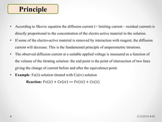 3/12/2019 59
Principle
• According to Ilkovic equation the diffusion current (= limiting current – residual current) is
directly proportional to the concentration of the electro active material in the solution.
• If some of the electro-active material is removed by interaction with reagent, the diffusion
current will decrease. This is the fundamental principle of amperometric titrations.
• The observed diffusion current at a suitable applied voltage is measured as a function of
the volume of the titrating solution: the end point is the point of intersection of two lines
giving the change of current before and after the equivalence point.
• Example: Fe(ii) solution titrated with Ce(iv) solution
Reaction: 𝐹𝑒 𝑖𝑖 + 𝐶𝑒 𝑖𝑣 ↔ 𝐹𝑒 𝑖𝑖𝑖 + 𝐶𝑒(𝑖𝑖)
 