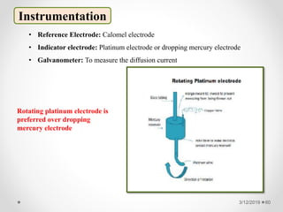 3/12/2019 60
Instrumentation
• Reference Electrode: Calomel electrode
• Indicator electrode: Platinum electrode or dropping mercury electrode
• Galvanometer: To measure the diffusion current
Rotating platinum electrode is
preferred over dropping
mercury electrode
 