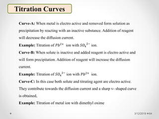 3/12/2019 64
Titration Curves
Curve-A: When metal is electro active and removed form solution as
precipitation by reacting with an inactive substance. Addition of reagent
will decrease the diffusion current.
Example: Titration of 𝑃𝑏2+
ion with 𝑆𝑂4
2−
ion.
Curve-B: When solute is inactive and added reagent is electro active and
will form precipitation. Addition of reagent will increase the diffusion
current.
Example: Titration of 𝑆𝑂4
2−
ion with 𝑃𝑏2+ ion.
Curve-C: In this case both solute and titrating agent are electro active.
They contribute towards the diffusion current and a sharp v- shaped curve
is obtained,
Example: Titration of metal ion with dimethyl oxime
 