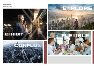 Brand Values -
Motif of letter X used
E HIBIT
CONFLU
E PLORE
FLE IBLE
 