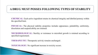 A DRUG MUST POSSES FOLLOWING TYPES OF STABILITY
CHEMICAL: Each active ingredient retains its chemical integrity and labelled potency within
the specified limit.
PHYSICAL: The physical stability properties includes appearance, palatability, uniformity,
dissolution and suspend ability are retained.
MICROBIOLOGICAL: Sterility or resistance to microbial growth is retained according to
specified requirement.
THERAPEUTIC: Therapeutic activity remains unchanged .
TOXICOLOGIC: No significant increase in toxicity occurs.
 