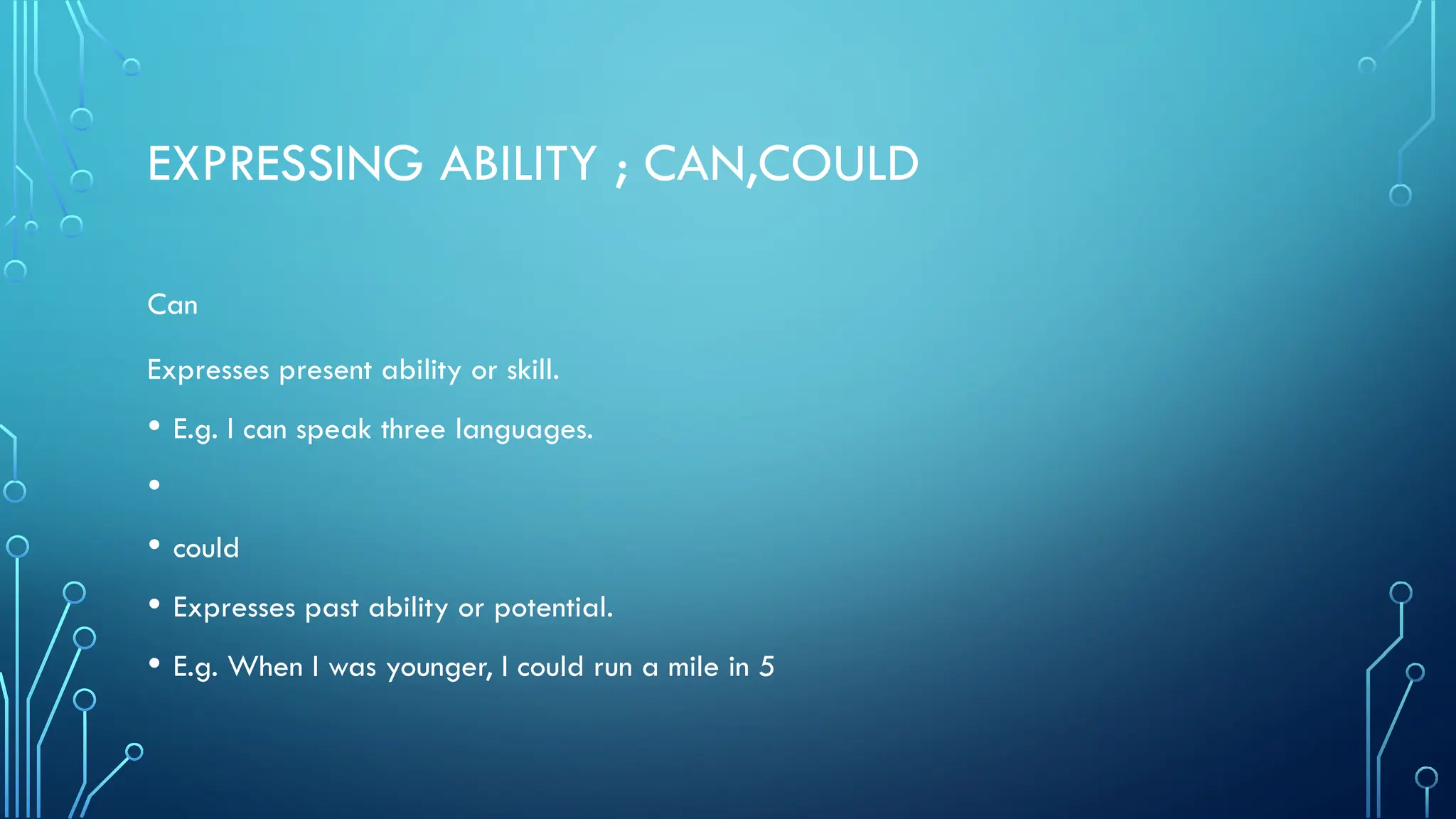 EXPRESSING ABILITY ; CAN,COULD
Can
Expresses present ability or skill.
• E.g. I can speak three languages.
•
• could
• Expresses past ability or potential.
• E.g. When I was younger, I could run a mile in 5
 