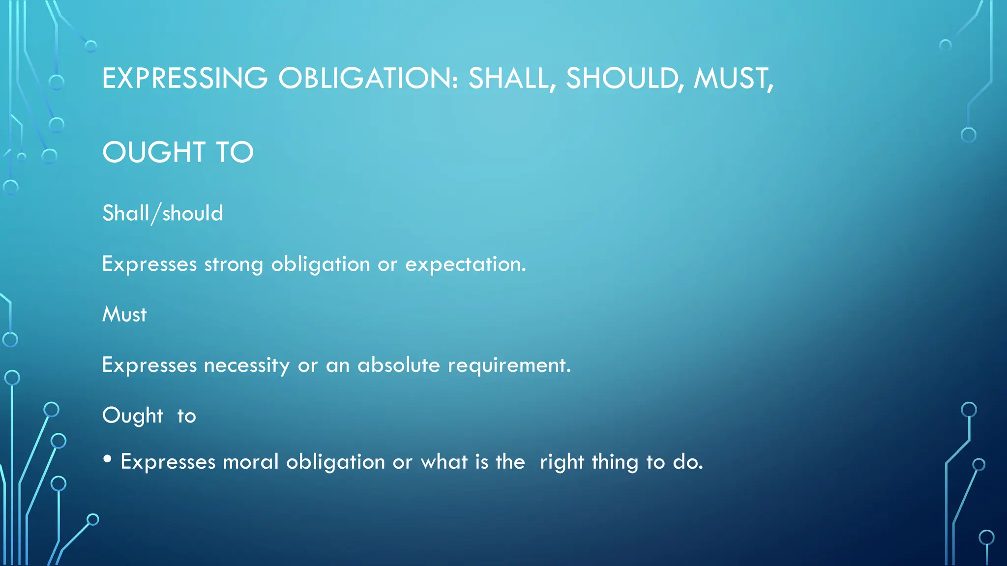 EXPRESSING OBLIGATION: SHALL, SHOULD, MUST,
OUGHT TO
Shall/should
Expresses strong obligation or expectation.
Must
Expresses necessity or an absolute requirement.
Ought to
• Expresses moral obligation or what is the right thing to do.
 