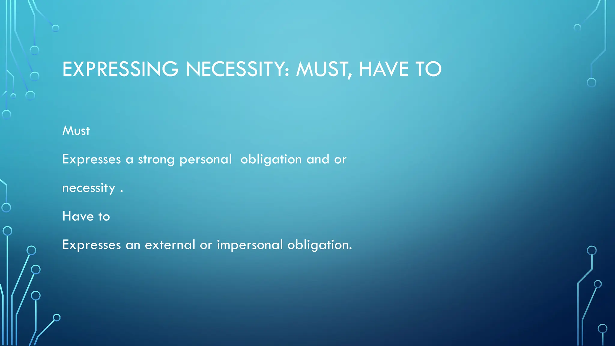 EXPRESSING NECESSITY: MUST, HAVE TO
Must
Expresses a strong personal obligation and or
necessity .
Have to
Expresses an external or impersonal obligation.
 