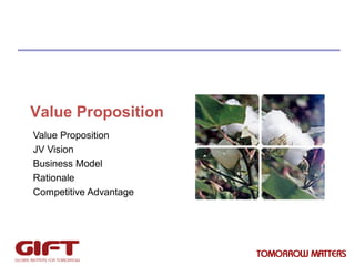 Value Proposition
Value Proposition
JV Vision
Business Model
Rationale
Competitive Advantage

 