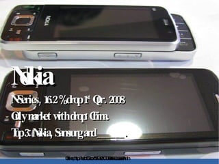 Nokia ,[object Object],[object Object],[object Object],Gartner, http://tech.163.com/09/0420/10/57BBE6EL0009388P.html 