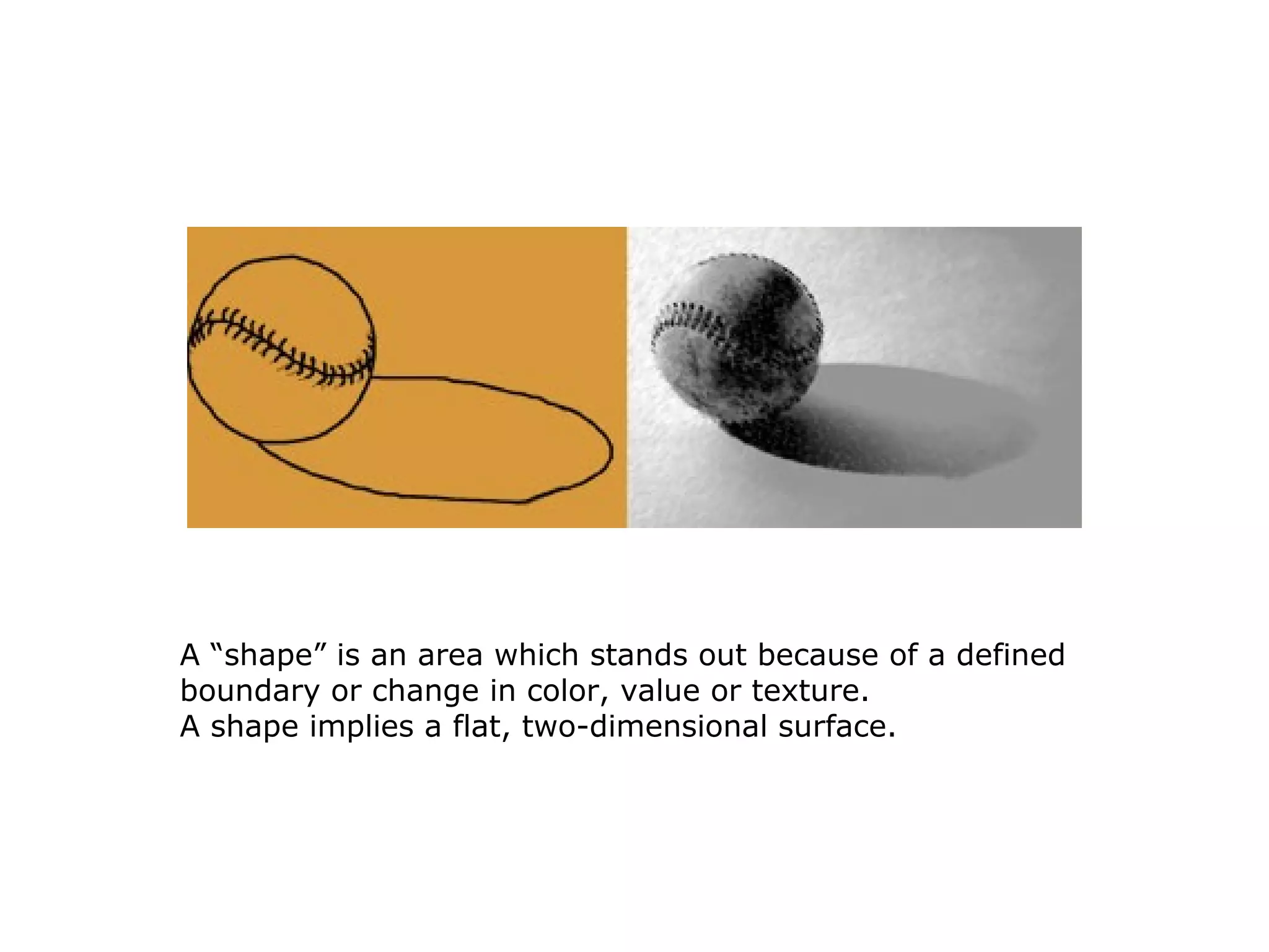 A “shape” is an area which stands out because of a defined
boundary or change in color, value or texture.
A shape implies a flat, two-dimensional surface.