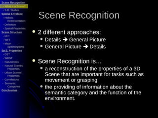 Scene Recognition
 - What is a Scene?
 - S.R. Studies
Spatial Envelope
 - Holistic
     Representation
                   ...