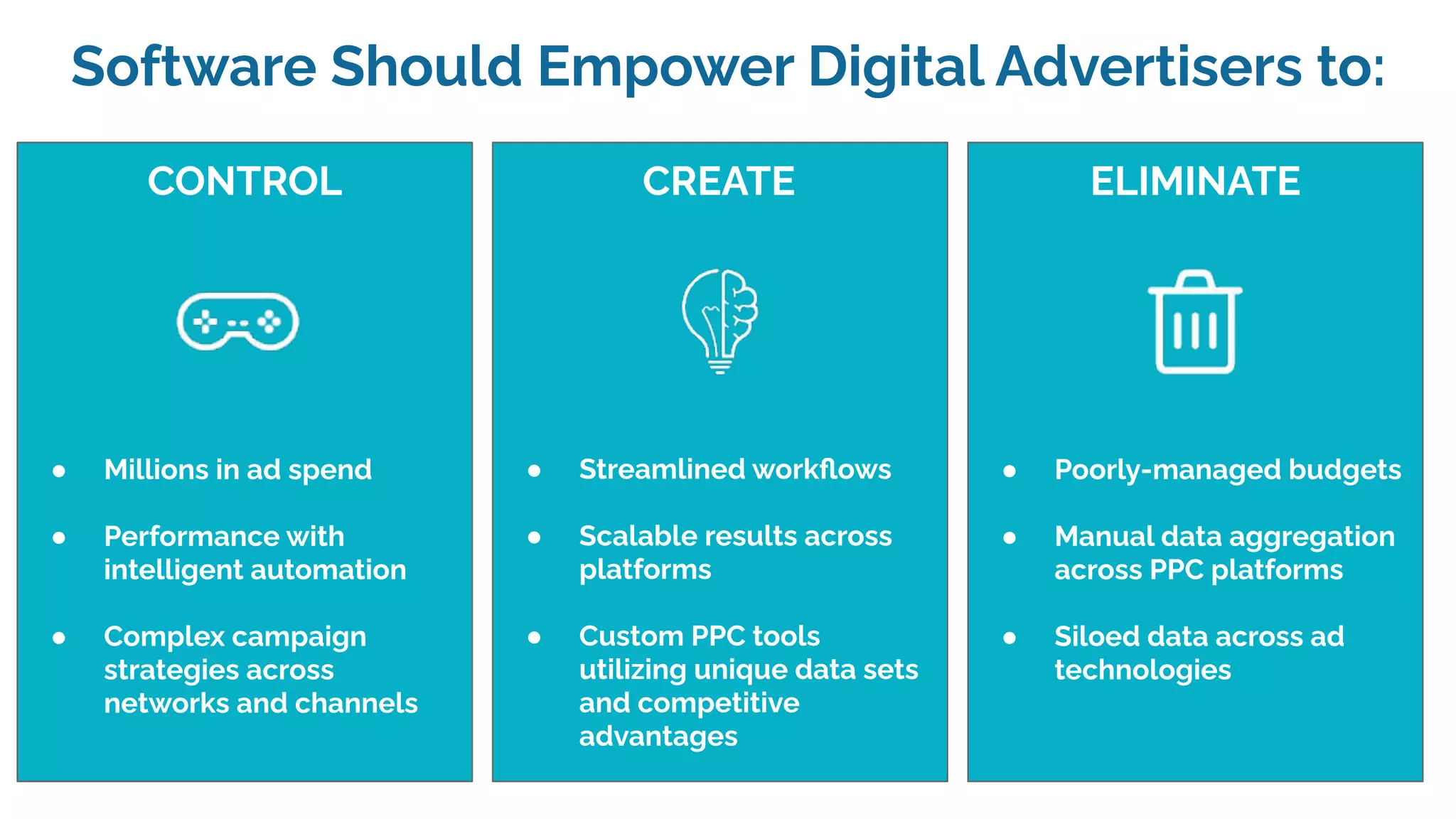CONTROL
● Millions in ad spend
● Performance with
intelligent automation
● Complex campaign
strategies across
networks and channels
Software Should Empower Digital Advertisers to:
CREATE
● Streamlined workﬂows
● Scalable results across
platforms
● Custom PPC tools
utilizing unique data sets
and competitive
advantages
● Poorly-managed budgets
● Manual data aggregation
across PPC platforms
● Siloed data across ad
technologies
ELIMINATE
 