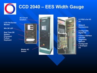 CCD 2040 – EES Width Gauge AC Circuit breakers LCD Flat Screen Monitor Win 2K LEP Real Time OS System Processor Pullout Keyboard Master AC Switch LV PSU’s for I/O etc Configurable Digital I/O Configurable Analogue I/O Camera interface unit with diagnostic features Network Connections 