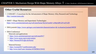 Other Useful Resources
• CASMART—Consortium for the Advancement of Shape Memory Alloy Research and Technology
http://casmart.tamu.edu/
• SMST—Shape Memory and Superelastic Technologies
https://www.asminternational.org/web/smst/home?doAsUserId=vzMatAB%2FAxI%3D
• SMA journals https://www.springer.com/materials/characterization+&+evaluation/journal/40830
• SMA Conferences
Materials and applications
• https://www.asminternational.org/web/smst2017
• https://www.asme.org/events/smasis
• https://htsmas2018.dgm.de/home/
Material Science
• https://icomat2017.northwestern.edu/
• http://www.lem3.univ-lorraine.fr/ESOMAT2018/
CHAPTER 3: Mechanism Design With Shape Memory Alloys l 3.5 Help: Handbooks, ASTM Standards, References
109
 