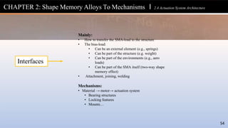 Mainly:
• How to transfer the SMA-load to the structure
• The bias-load:
• Can be an external element (e.g., springs)
• Can be part of the structure (e.g. weight)
• Can be part of the environments (e.g., aero
loads)
• Can be part of the SMA itself (two-way shape
memory effect)
• Attachment, joining, welding
Mechanisms:
• Material → motor→ actuation system
• Bearing structures
• Locking features
• Mounts…
CHAPTER 2: Shape Memory Alloys To Mechanisms l 2.4 Actuation System Architecture
Interfaces
54
 