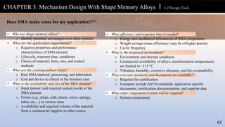 • What efficiency and response time is needed?
o Energy and mechanical efficiencies of SMA components
o Weight savings (mass efficiency) may be of higher priority
o Cyclic frequency
• What is the proposed environment?
o Environment and thermal conditions
o Commercial availability of alloys, transformation temperatures
are limited to ~115 C
o Vibration, humidity, corrosive elements, and bio-compatibility
• What relevant standards and documents are available?
o Required for certification
o Examples include ASTM standards: application specific
documents, certification documentation, and supplier data
• What other components/system will be required?
o System components
• Why use shape memory alloys?
63
o Identify potential advantages over other systems
• What are the application requirements?
o Required properties and performance
characteristics of SMA element
o Lifecycle, response time, conditions
o Choice of material, form, size, and control
methods
• What are the cost/expenditure limits?
o Raw SMA material, processing, and fabrication
o Cost per device is critical to the business case
• What is the availability and size of the SMA element?
o Input (power) and required output (work) of the
SMA element
o Forms (e.g., strips, rods, sheets, wires, springs,
tubes, etc…) in various sizes
o Availability and required volume of the material
from a commercial supplier or other source
CHAPTER 3: Mechanism Design With Shape Memory Alloys l 3.2 Design Tools
Does SMA make sense for my application?[27]
 
