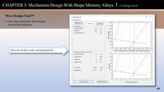 CHAPTER 3: Mechanism Design With Shape Memory Alloys l 3.2 Design Tools
68
Wire Design Tool[28]
• User-input martensite and austenite
stress-strain responses
Solve for strokes, loads, and predicted life
 