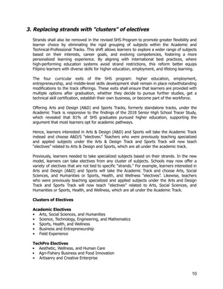 3.​Replacing strands with "clusters" of electives
Strands shall also be removed in the revised SHS Program to promote greater flexibility and
learner choice by eliminating the rigid grouping of subjects within the Academic and
Technical-Professional Tracks. This shift allows learners to explore a wider range of subjects
based on their interests, career goals, and evolving competencies, fostering a more
personalized learning experience. By aligning with international best practices, where
high-performing education systems avoid strand restrictions, this reform better equips
Filipino learners with diverse skills for higher education, employment, and lifelong learning.
The four curricular exits of the SHS program: higher education, employment,
entrepreneurship, and middle-level skills development shall remain in place notwithstanding
modifications to the track offerings. These exits shall ensure that learners are provided with
multiple options after graduation, whether they decide to pursue further studies, get a
technical skill certification, establish their own business, or become part of the workforce.
Offering Arts and Design (A&D) and Sports Tracks, formerly standalone tracks, under the
Academic Track is responsive to the findings of the 2018 Senior High School Tracer Study,
which revealed that 81% of SHS graduates pursued higher education, supporting the
argument that most learners opt for academic pathways.
Hence, learners interested in Arts & Design (A&D) and Sports will take the Academic Track
instead and choose A&D/S “electives.” Teachers who were previously teaching specialized
and applied subjects under the Arts & Design Track and Sports Track will now teach
“electives” related to Arts & Design and Sports, which are all under the academic track.
Previously, learners needed to take specialized subjects based on their strands. In the new
model, learners can take electives from any cluster of subjects. Schools may now offer a
variety of electives that are not tied to specific "strands." For example, learners interested in
Arts and Design (A&D) and Sports will take the Academic Track and choose Arts, Social
Sciences, and Humanities or Sports, Health, and Wellness “electives”. Likewise, teachers
who were previously teaching specialized and applied subjects under the Arts and Design
Track and Sports Track will now teach “electives” related to Arts, Social Sciences, and
Humanities or Sports, Health, and Wellness, which are all under the Academic Track.
Clusters of Electives
Academic Electives
•​ Arts, Social Sciences, and Humanities
•​ Science, Technology, Engineering, and Mathematics
•​ Sports, Health, and Wellness
•​ Business and Entrepreneurship
•​ Field Experience
TechPro Electives
•​ Aesthetic, Wellness, and Human Care
•​ Agri-Fishery Business and Food Innovation
•​ Artisanry and Creative Enterprise
10
 