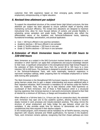 customize their SHS experience based on their emerging goals, whether toward
employment, entrepreneurship, or higher education.
5.​Revised time allotment per subject
To support the streamlined structure of the revised Senior High School curriculum, the time
allotment per subject has been adjusted to ensure sufficient depth of learning while
maintaining curriculum efficiency. The revised time allocations are designed to maximize
instructional time, allow for more focused delivery of content, and provide flexibility in
scheduling across semesters and grade levels. These adjustments also reflect the
differentiated nature of the Academic and Technical-Professional tracks, balancing
foundational knowledge, specialization, and practical application.
●​ Core = 160 hours offered in one year/two semesters
●​ Academic electives = 80 hours offered in one semester
●​ Grade 11 TechPro electives = 320 hours in one year
●​ Grade 12 TechPro electives = 320 hours in one semester
6.​Extension of Work Immersion hours from 80-320 hours to
320-640 hours
Work Immersion as a subject in the SHS Curriculum involves hands-on experience or work
simulation in which learners can apply their competencies and acquire knowledge relevant
to their track. A significant enhancement in the strengthened Senior High School Program is
the extension of Work Immersion hours from the current 80 to 320 hours to a more
intensive 320 to 640 hours. This extension is designed to provide learners, particularly those
in the Technical-Professional Track, with more meaningful, hands-on experience in
real-world workplace settings, better preparing them for immediate employment or further
skills training after graduation.
The Work Immersion in the Strengthened SHS Curriculum requires a minimum of 320 hours,
giving learners ample time to gain a deeper understanding and acquire additional skills in
their respective industries. Work Immersion is mandatory for all learners under the TechPro
track. For Academic Track, they may opt to take electives under Field Experience as
counterpart of Work Immersion. One of these is Field Exposure which is a structured
learning experience that immerses learners in real-world environments relevant to their field
of interest for a minimum of 320 hours, or Design and Innovations for 160 hours.
When offered on a full-time basis (i.e., 8 hours per day on consecutive days), the extended
work immersion may span one to two academic quarters, allowing learners to become
deeply involved in work processes and industry-standard practices. This setup mirrors the
structure of actual employment and helps bridge the gap between school and the
workplace. It also provides ample time for learners to demonstrate and refine the
competencies they have acquired in their elective subjects.
In the revised program, work immersion will be mandatory for all TechPro learners, ensuring
alignment with industry demands and TESDA qualifications. For learners in the Academic
Track, work immersion remains optional, recognizing that their chosen pathways are more
12
 