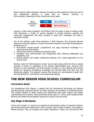 likely to lead to higher education. However, the option is still available for those who wish to
gain professional exposure in areas such as research, business, or
communication—depending on their interest and career goals.
Learners in both tracks (Academic and TechPro) have the option to take an elective under
Field Experience, a cluster of courses designed to provide hands-on activities and
community engagements that allow students to apply their knowledge and skills in
real-world contexts.
One of the electives under Field Experience is Field Exposure. This structured learning
experience immerses students in actual environments relevant to their field of specialization,
enabling them to:
●​ demonstrate industry-specific competencies and apply theoretical knowledge in a
supervised real-world setting;
●​ enhance their technical expertise and practical skills;
●​ strengthen their communication and interpersonal skills, fostering collaboration and
adaptability; and
●​ develop positive work habits, professional attitudes, and a deep appreciation for the
value of work.
Electives under the Field Experience cluster may be taken during either the first or second
semester of Grade 12, depending on the school's implementation plan. However, Field
Exposure is best scheduled in the final semester of Grade 12, when students have already
gained the necessary foundational knowledge and technical skills from their core and
specialized subjects. This approach ensures that learners are well-prepared to apply their
learning effectively in real-world or community-based settings.
THE NEW SENIOR HIGH SCHOOL CURRICULUM
Curriculum Goals
The Strengthened SHS Program is aligned with the international benchmarks and national
educational goals, preparing learners for higher education, the workforce, and lifelong learning.
This enables teachers to design lessons and assessments that foster mastery and deeper
understanding of the lessons, ensuring that the learners gain 21st
century skills including critical
thinking and problem-solving abilities required for success in the real world.
Key Stage 4 Standards
At the end of Grade 12, learners are expected to demonstrate mastery of essential academic
and technical skills that enable them to think critically, solve complex problems, and engage in
lifelong learning. They are equipped with global competence, values, and 21st-century skills
13
 