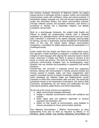 the Common European Framework of Reference (CEFR), the subject
equips learners to participate actively in spoken, written, and multimodal
communicative events with confidence, clarity, and cultural sensitivity. It
emphasizes strategic language use, tone and structure appropriateness,
media and information literacy, and ethical communication practices.
Through reflective practice and purposeful interaction, each learner is
envisioned to develop into a responsible, adaptive, and globally
competent communicator.
Built on a dual-language framework, this subject treats English and
Filipino as parallel yet complementary strands. Each is delivered
separately by a dedicated teacher with 80 instructional hours per school
year. Instruction is customized to the specific language, ensuring depth
of learning, accuracy in assessment, and the development of transferable
skills. In this way, the subject fosters bilingual communicative
competence, a foundation for global readiness and civic participation in a
multilingual society.
Unlike models that fuse English and Filipino into a single hybrid course,
this approach is better described as integrative: it maintains the distinct
integrity of each language while aligning their outcomes toward a shared
vision. Instruction in English and Filipino is viewed to intersect at the
levels of concept and practice. This lends the learning environment for
advanced communicative strategies such as translanguaging, which
students may use mindfully and purposefully in assessment and real-life
situations.
Content-wise, the curriculum is organized around four progressive
domains, starting with communication in familiar, personal contexts and
moving outward to broader, public, and future engagements. Each
quarter encourages learners to explore increasingly complex interactions
while developing the reflective habits and feedback-driven growth
necessary to refine their communication skills over time. The course also
contributes directly to the Department of Education’s 21st Century Skills
Framework, strengthening not only literacy and collaboration but also
intercultural sensitivity, digital fluency, and ethical responsibility.
By the end of the course, learners are expected to:
●​ Adapt communication strategies effectively;
●​ Engage in extended communicative events with confidence and
purpose;
●​ Utilize digital tools and platforms responsibly to enhance
expression and interaction; and
●​ Reflect on their growth as communicators, using feedback to
improve and prepare for future communication demands
Ang Mabisang Komunikasyon / Effective Communication ay isang
pangunahing kurso para sa lahat ng mag-aaral ng Baitang 11 na
dinisenyo upang linangin ang kanilang kakayahang komunikatibo sa
15
 