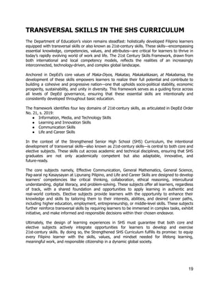 TRANSVERSAL SKILLS IN THE SHS CURRICULUM
The Department of Education’s vision remains steadfast: holistically developed Filipino learners
equipped with transversal skills or also known as 21st-century skills. These skills—encompassing
essential knowledge, competencies, values, and attributes—are critical for learners to thrive in
today’s rapidly evolving world of work and life. The 21st Century Skills Framework, drawn from
both international and local competency models, reflects the realities of an increasingly
interconnected, technology-driven, and complex global landscape.
Anchored in DepEd’s core values of Maka-Diyos, Makatao, Makakalikasan, at Makabansa, the
development of these skills empowers learners to realize their full potential and contribute to
building a cohesive and progressive nation—one that upholds socio-political stability, economic
prosperity, sustainability, and unity in diversity. This framework serves as a guiding force across
all levels of DepEd governance, ensuring that these essential skills are intentionally and
consistently developed throughout basic education.
The framework identifies four key domains of 21st-century skills, as articulated in DepEd Order
No. 21, s. 2019:
●​ Information, Media, and Technology Skills
●​ Learning and Innovation Skills
●​ Communication Skills
●​ Life and Career Skills
In the context of the Strengthened Senior High School (SHS) Curriculum, the intentional
development of transversal skills—also known as 21st-century skills—is central to both core and
elective subjects. These skills cut across academic and technical disciplines, ensuring that SHS
graduates are not only academically competent but also adaptable, innovative, and
future-ready.
The core subjects namely, Effective Communication, General Mathematics, General Science,
Pag-aaral ng Kasaysayan at Lipunang Pilipino, and Life and Career Skills are designed to develop
learners’ competencies like critical thinking, collaboration, ethical reasoning, intercultural
understanding, digital literacy, and problem-solving. These subjects offer all learners, regardless
of track, with a shared foundation and opportunities to apply learning in authentic and
real-world contexts. Elective subjects provide learners with the opportunity to enhance their
knowledge and skills by tailoring them to their interests, abilities, and desired career paths,
including higher education, employment, entrepreneurship, or middle-level skills. These subjects
further reinforce transversal skills by requiring learners to be immersed in complex tasks, exhibit
initiative, and make informed and responsible decisions within their chosen endeavor.
Ultimately, the design of learning experiences in SHS must guarantee that both core and
elective subjects actively integrate opportunities for learners to develop and exercise
21st-century skills. By doing so, the Strengthened SHS Curriculum fulfills its promise: to equip
every Filipino learner with the skills, values, and mindset needed for lifelong learning,
meaningful work, and responsible citizenship in a dynamic global society.
19
 