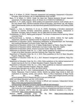 REFERENCES
Black, P., & Wiliam, D. (2018). Classroom assessment and pedagogy. Assessment in Education:
Principles, Policy & Practice. doi:10.1080/0969594X.2018.1441807
Black, P., & Wiliam, D. (2010). Inside the black box: Raising standards through classroom
assessment. Phi Delta Kappan, 92(1), 81-90.doi:10.1177/003172171009200119
Brookhart, S. M. (2020, August). What grading and assessment practices could schools use in
the year ahead? PACE, Stanford Graduate School of Education, and Answer Lab, USC Rossier.
https://theanswerlab.rossier.usc.edu/wpcontent/uploads/2020/09/Answer-Lab-Grading-20200
9-v1.pdf
Cagasan, L., Care, E., Robertson, P., & Luo, R. (2020). Developing a formative assessment
protocol to examine formative assessment practices in the Philippines. Assessment in
Education: Principles, Policy & Practice. doi:10.1080/10627197.2020.1766960
Christodoulou, D. (2017). Making good progress?: The future of assessment for learning. Oxford
University Press.
Darling-Hammond, L., Herman, J., Pellegrino, J., et al. (2013). Criteria for high quality
assessment. Stanford CA: Stanford Center for Opportunity Policy in Education.
Department of Education (2016). Edukasyong Pantahanan at Pangkabuhayan and Technology
and Livelihood Education Curriculum Guide. Pasig City: DepEd
Department of Education. (2016). K to 12 Gabay Pangkurikulum ng Filipino. Pasig City: DepEd
Department of Education (2016). Mathematics Curriculum Guide. Pasig City: DepEd.
Department of Education (2016). Science Curriculum Guide. Pasig City: DepEd.
Department of Education Order No. 31, s. 2020. Interim guidelines for assessment and grading
in light of the Basic Education Learning Continuity Plan. Pasig City: DepEd.
Department of Education Order No. 21, s. 2019. Policy guidelines on the K-12 Basic Education
Program. Pasig City: DepEd.
Department of Education Order No. 27, s. 2017. Research management guidelines. Pasig City:
DepEd.
Department of Education Order No. 55, s. 2016. Policy guidelines on the national assessment of
student learning for the K to 12 Basic Education Program. Pasig City: DepEd.
Department of Education Order No. 8, s. 2015. Policy guidelines on classroom assessment for
the K to 12 Basic Education Program. Pasig City: DepEd.
Enhanced Basic Education Act of 2013, RA 10533 (2013).
Executive Order No. 83, s. 2012. Institutionalization of the Philippine Qualifications Framework.
Manila: Malacanan. Frost & Sullivan. (2016). World‘s top global mega trends to 2025 and
implications to business, society, and cultures. Macro to Micro Implications of Mega Trends
for the World. https://www.thegeniusworks.com/wp
content/uploads/2016/01/Megatrends-2025-Frost-and-Sullivan.pdf
GMRC and Values Education Law, RA 11476 (2020).
Jorgenson, O. (2006). Why curriculum change is difficult and necessary. Independent School.
https://www.nais.org/magazine/independent
school/summer-2006/why-curriculum-change-is-difficult-and-necessary/
Marope, M., Griffin, P., & Gallagher, C. (2017). Future competences and the future of curriculum.
http://www.ibe.unesco.org/en/news/document-future competences-and-future-curriculum
McKinsey & Company. (2017). Jobs lost, jobs gained: Workforce transitions in a time of
automation. https://www.mckinsey.com/mgi/
Missouri Baptist University (n.d.). The Big Idea. https://www.mobap.edu/wp
content/uploads/2013/03/The_Big_Idea.pdf
24
 