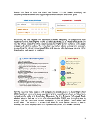 learners can focus on areas that match their interest or future careers, simplifying the
decision-process of learners and supporting both their academic and career goals.
Meanwhile, the core subjects have been restructured by integrating key competencies from
related disciplines, reducing the original 15 core subjects to just 5. These core subjects will
now be offered across the entire academic year, allowing for a more sustained and in-depth
engagement with the content. The revised core curriculum adopts an integrative approach,
emphasizing the interconnectedness of ideas and fostering interdisciplinary learning, rather
than treating each subject in isolation.
For the Academic Track, electives with competencies already covered in Junior High School
(JHS) have been removed to avoid redundancy and to ensure learners focus on higher-level,
subject-specific skills and knowledge. Meanwhile, for the Technical-Professional Track,
elective subjects that are no longer offered or certified by TESDA have been eliminated to
ensure that the curriculum remains responsive to current industry certifications and
qualifications. This reduction in subject load allows for more focused instruction, deeper
learning, and better alignment with both higher education and labor market demands.
9
 