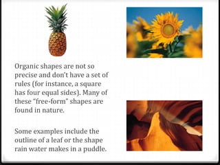 Organic shapes are not so
precise and don’t have a set of
rules (for instance, a square
has four equal sides). Many of
these “free-form” shapes are
found in nature.

Some examples include the
outline of a leaf or the shape
rain water makes in a puddle.
 
