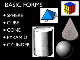 BASIC FORMS
• SPHERE
• CUBE
• CONE
• PYRAMID
• CYLINDER
 