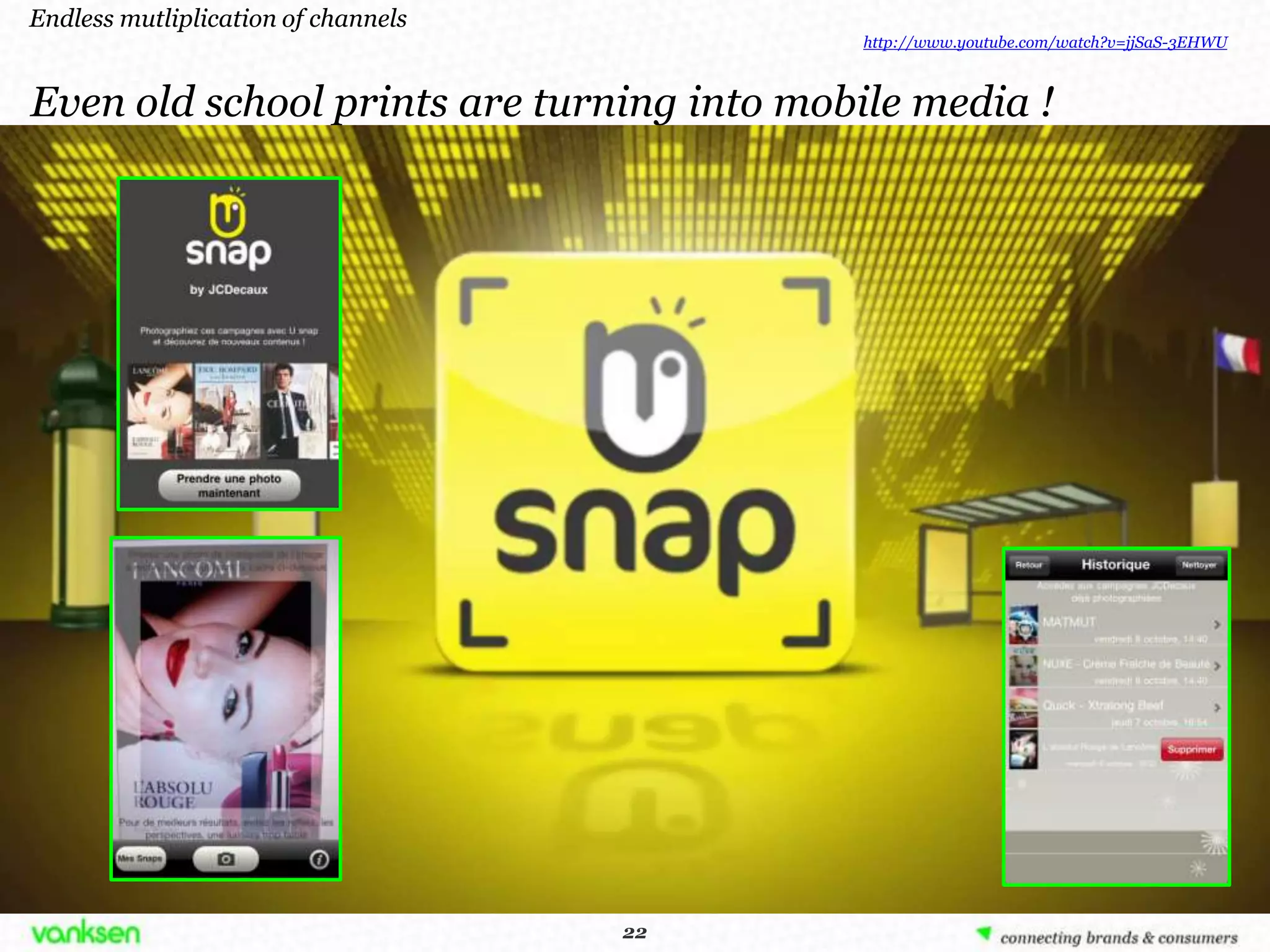 Endless mutliplication of channels
                                           http://www.youtube.com/watch?v=jjSaS-3EHWU



Even old school prints are turning into mobile media !




                                      22
                                     22
 