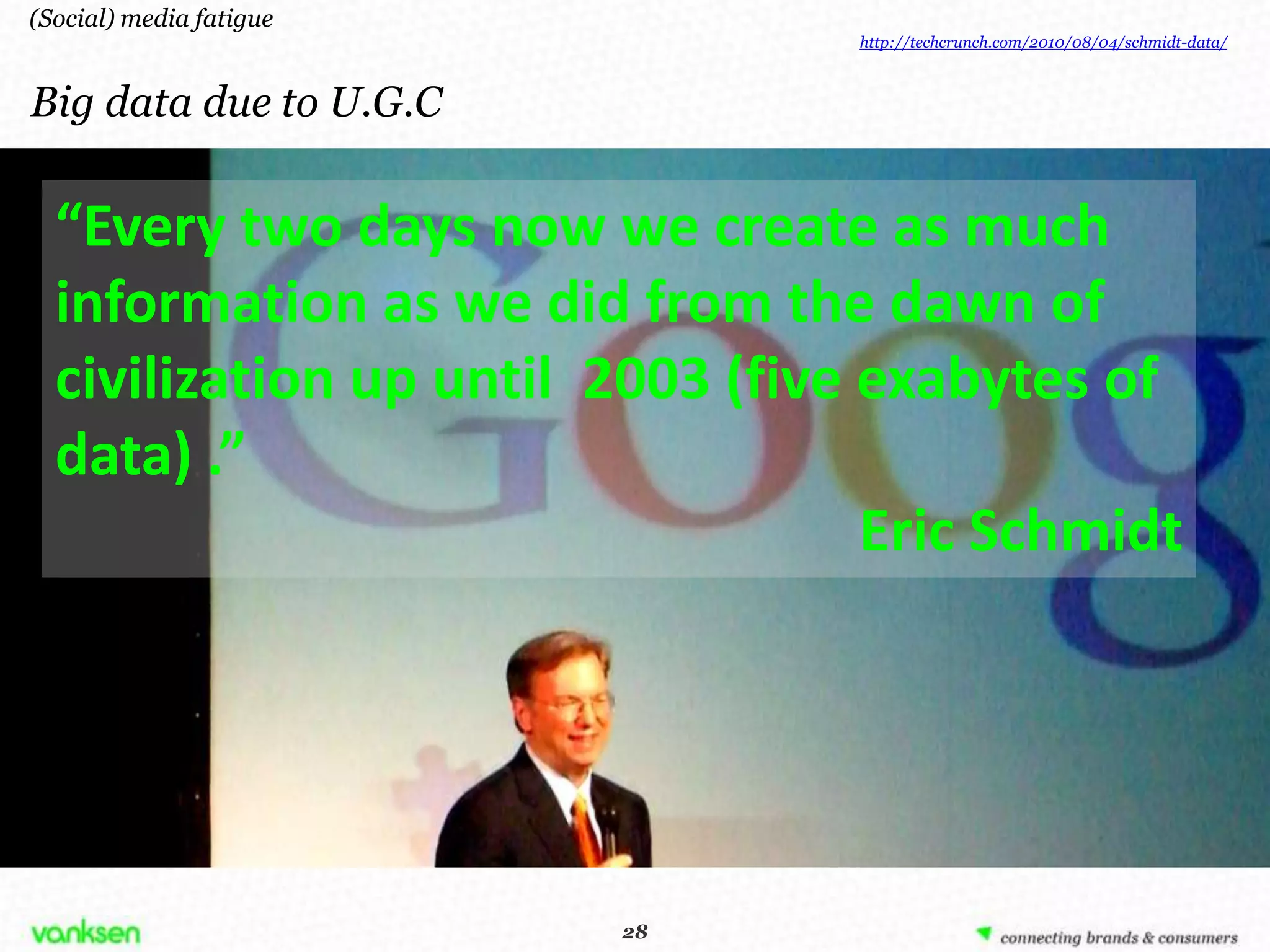 (Social) media fatigue
                                  http://techcrunch.com/2010/08/04/schmidt-data/



Big data due to U.G.C


  “Every two days now we create as much
  information as we did from the dawn of
  civilization up until 2003 (five exabytes of
  data) .”
                                   Eric Schmidt




                          28
                         28
 