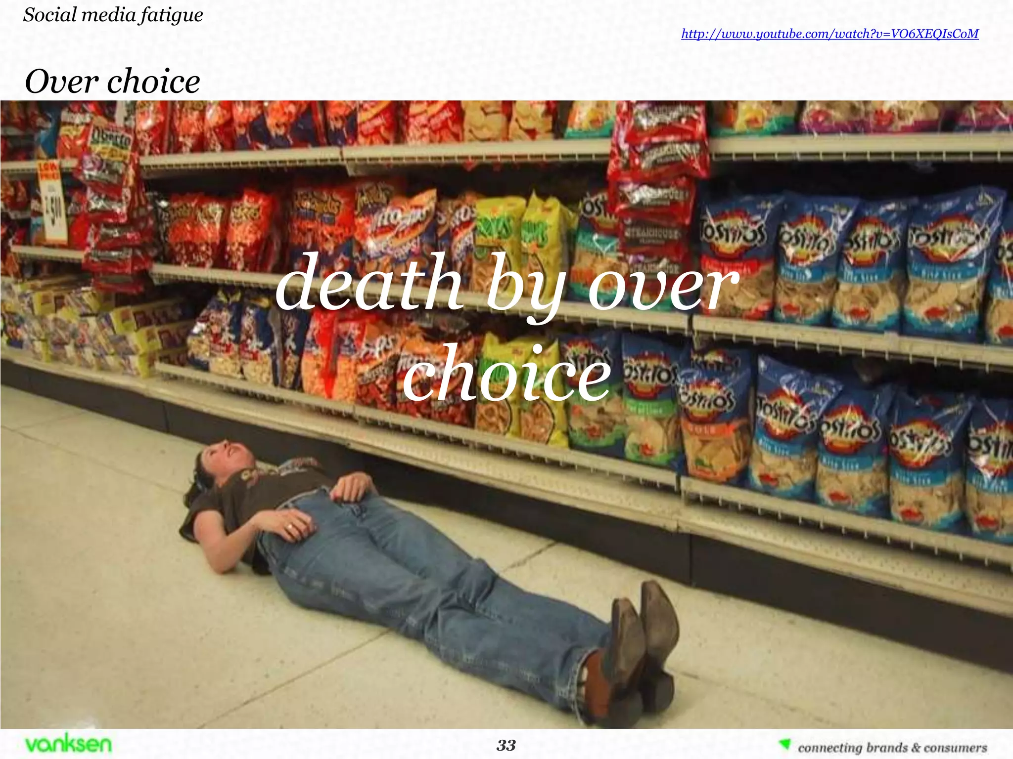 Social media fatigue
                                  http://www.youtube.com/watch?v=VO6XEQIsCoM



Over choice




                       death by over
                          choice



                             33
                            33
 
