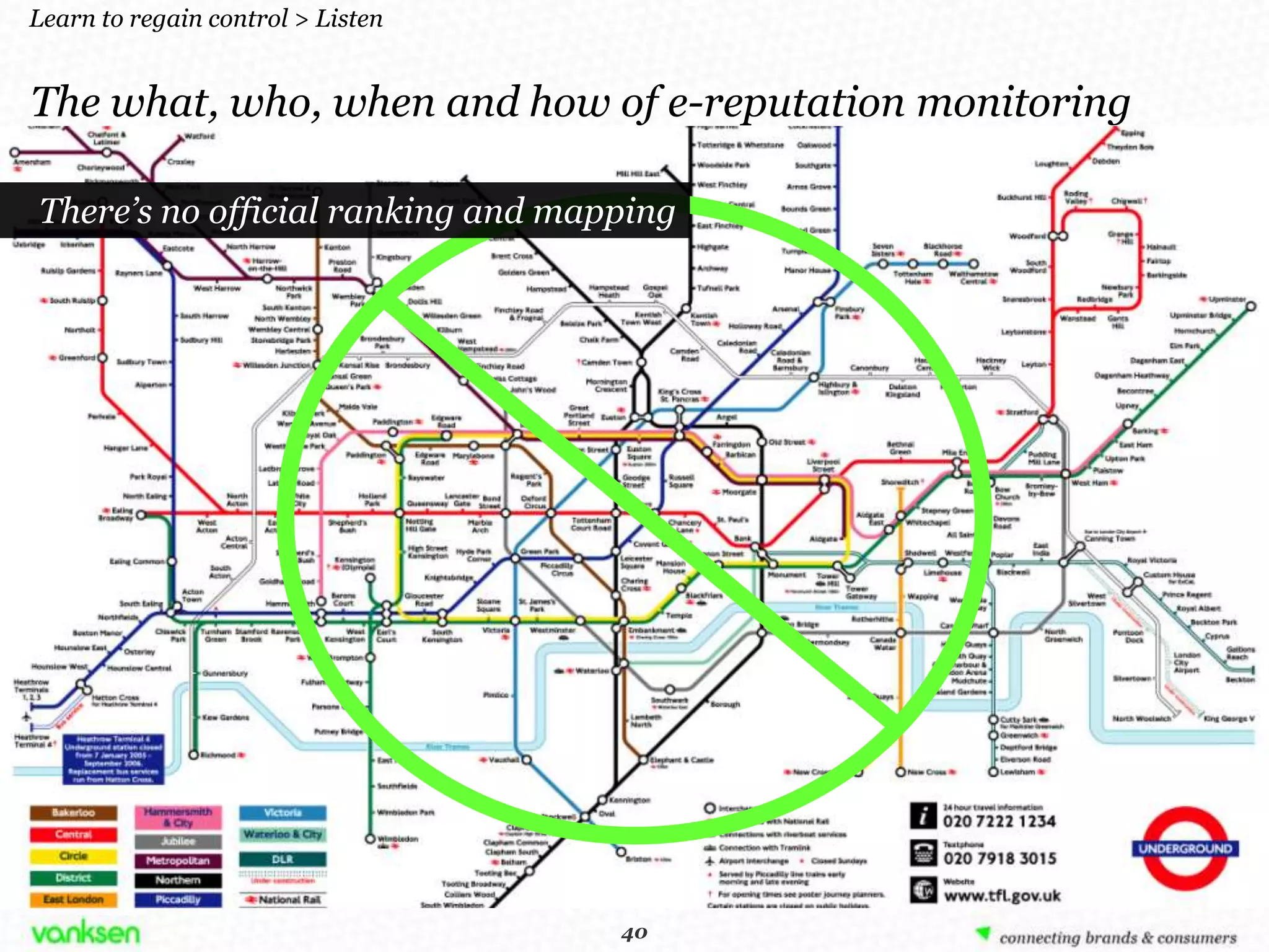 Learn to regain control > Listen


The what, who, when and how of e-reputation monitoring

There’s no official ranking and mapping




                                    40
                                   40
 